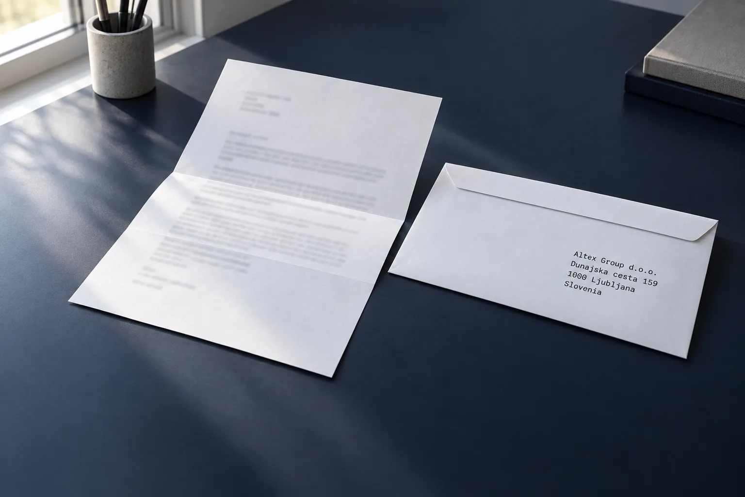 An official letter and envelope on a desk, addressed to Altex Group d.o.o.