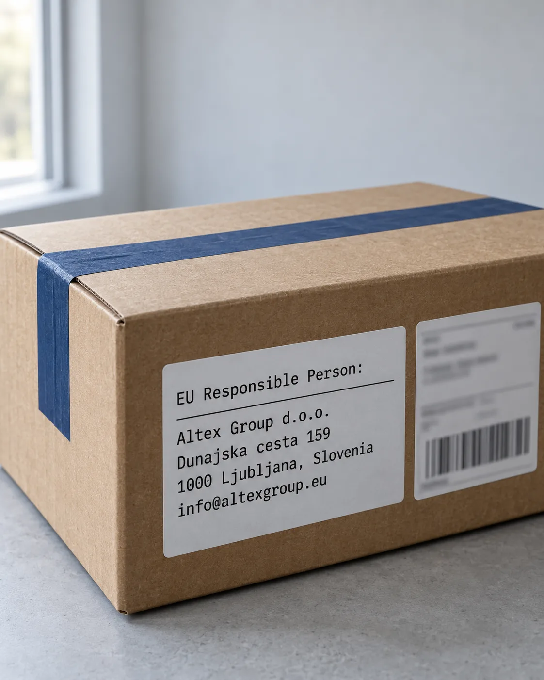 Product packaging, close-up of the printed EU Responsible Person block with our Ljubljana address