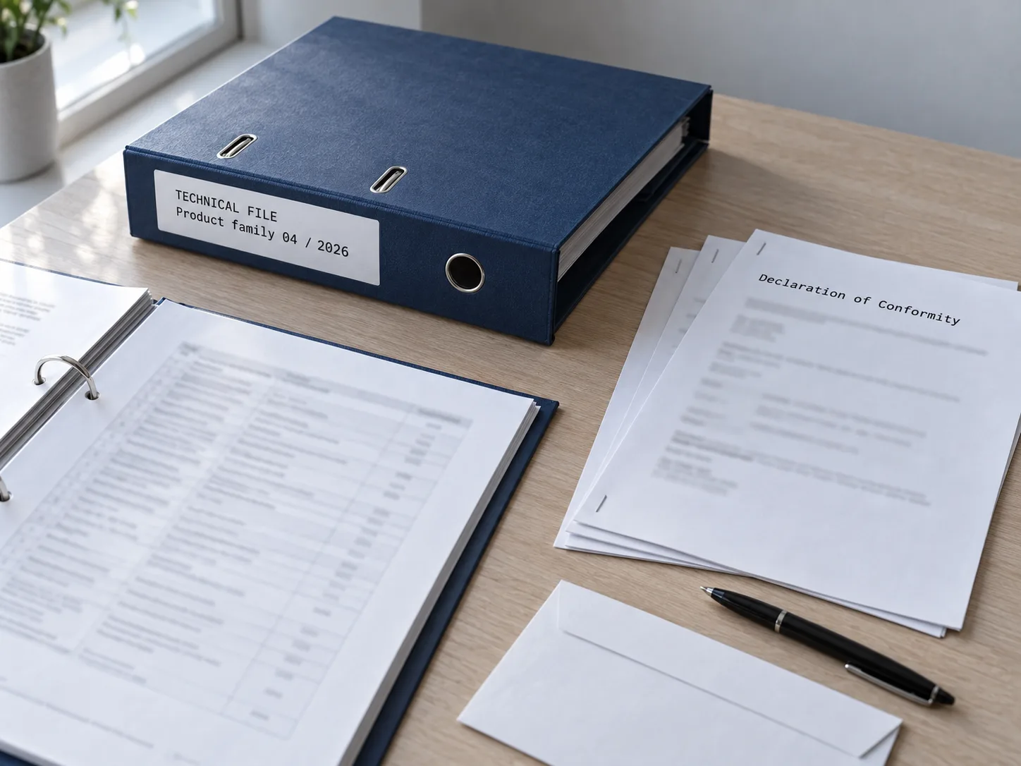 Technical file — folder with declarations of conformity and test reports on a desk